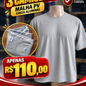 Kit com 3 Camisetas em Malha PV – Cinza Alumínio Tamanho P Tradicional