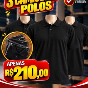 kit com 3 camisetas polos na cor preta